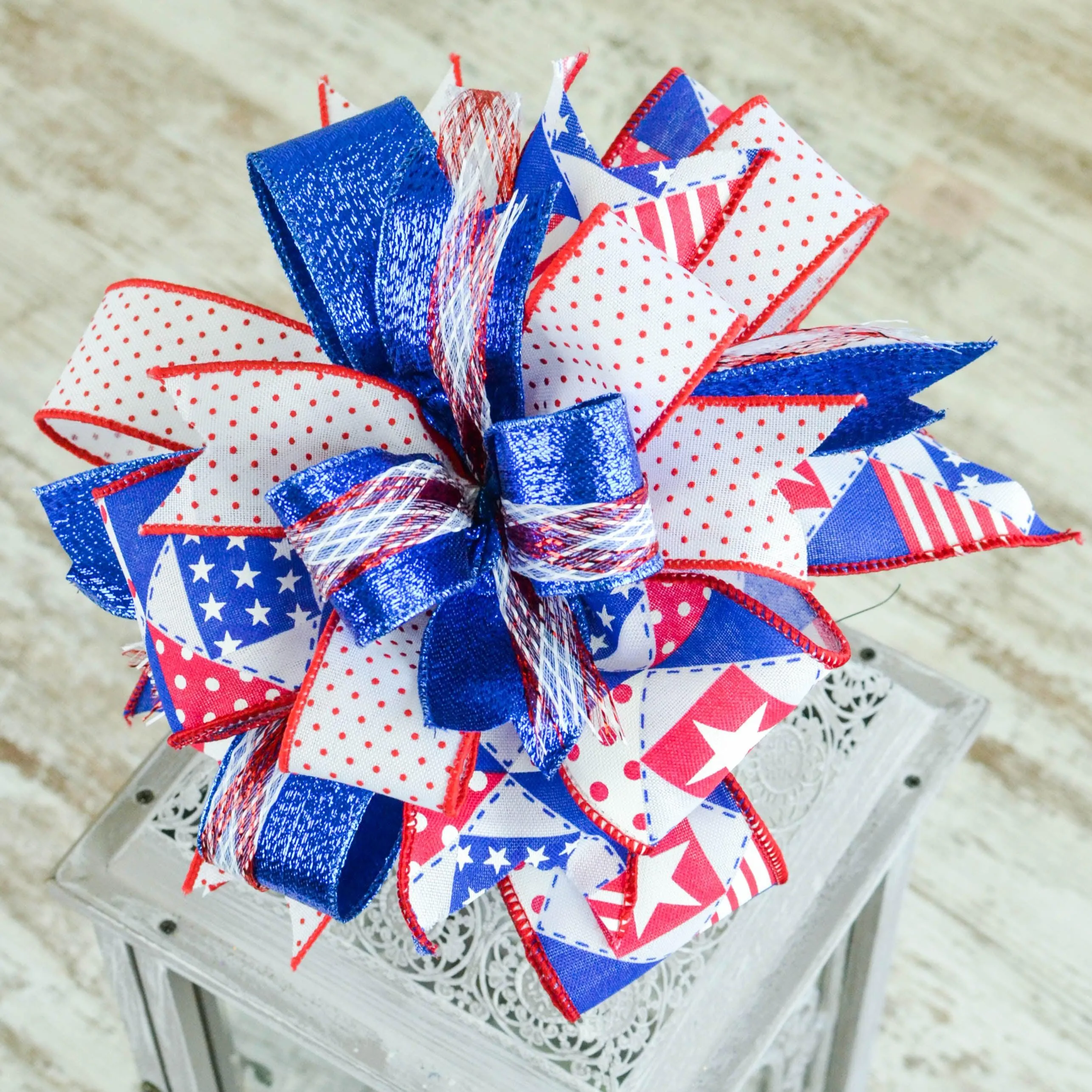 Patriotic Lantern Wreath Bow, Red White and Blue
