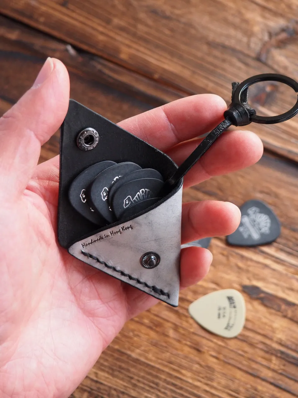 Personalized Leather Folded Guitar Pick Holder Keychain #Ghost Black