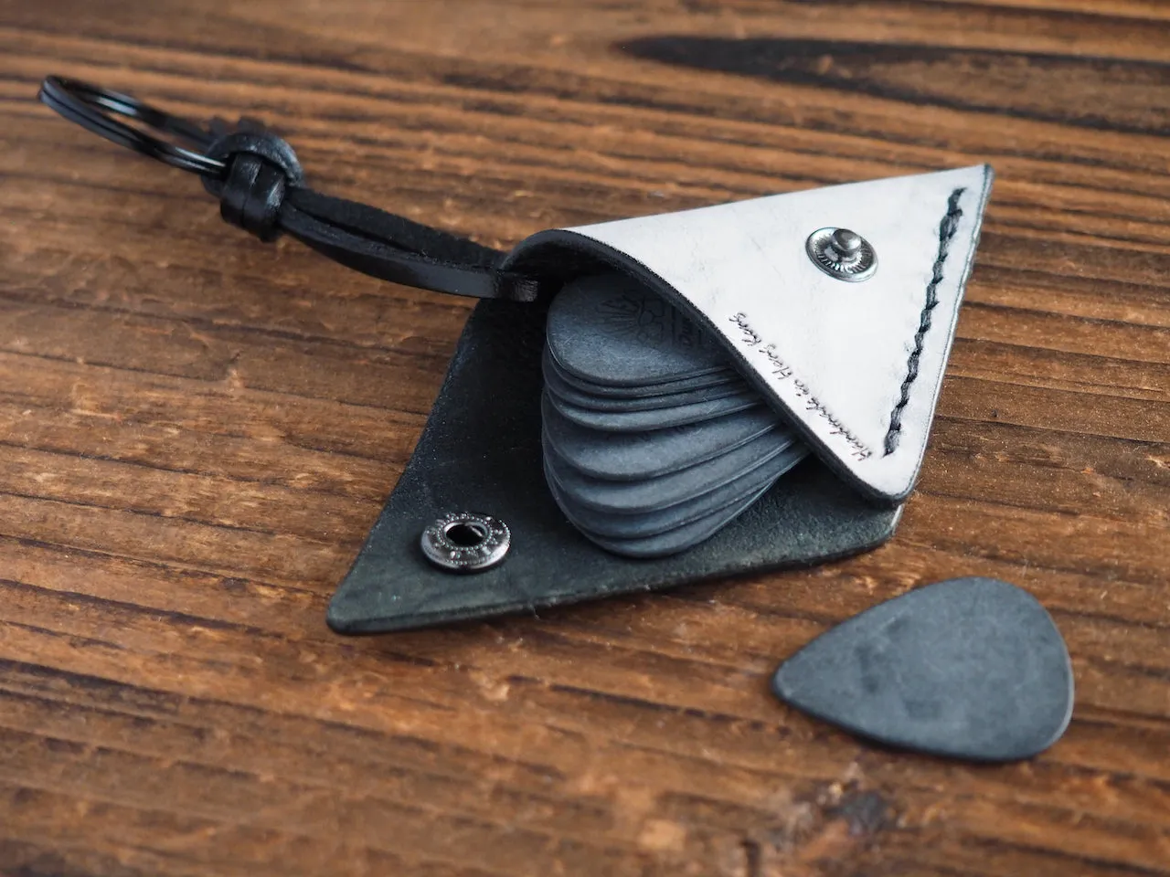 Personalized Leather Folded Guitar Pick Holder Keychain #Ghost Black