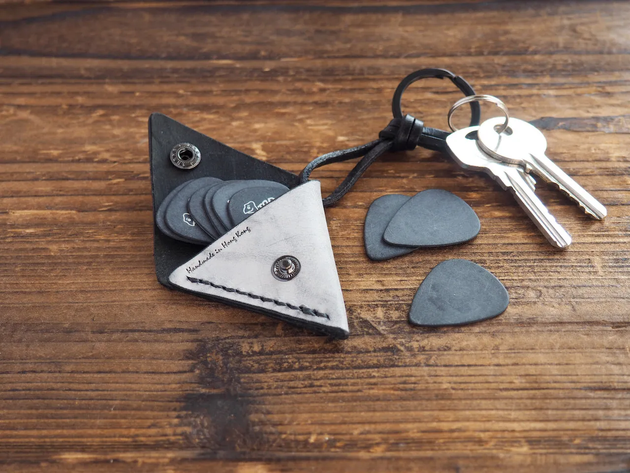 Personalized Leather Folded Guitar Pick Holder Keychain #Ghost Black