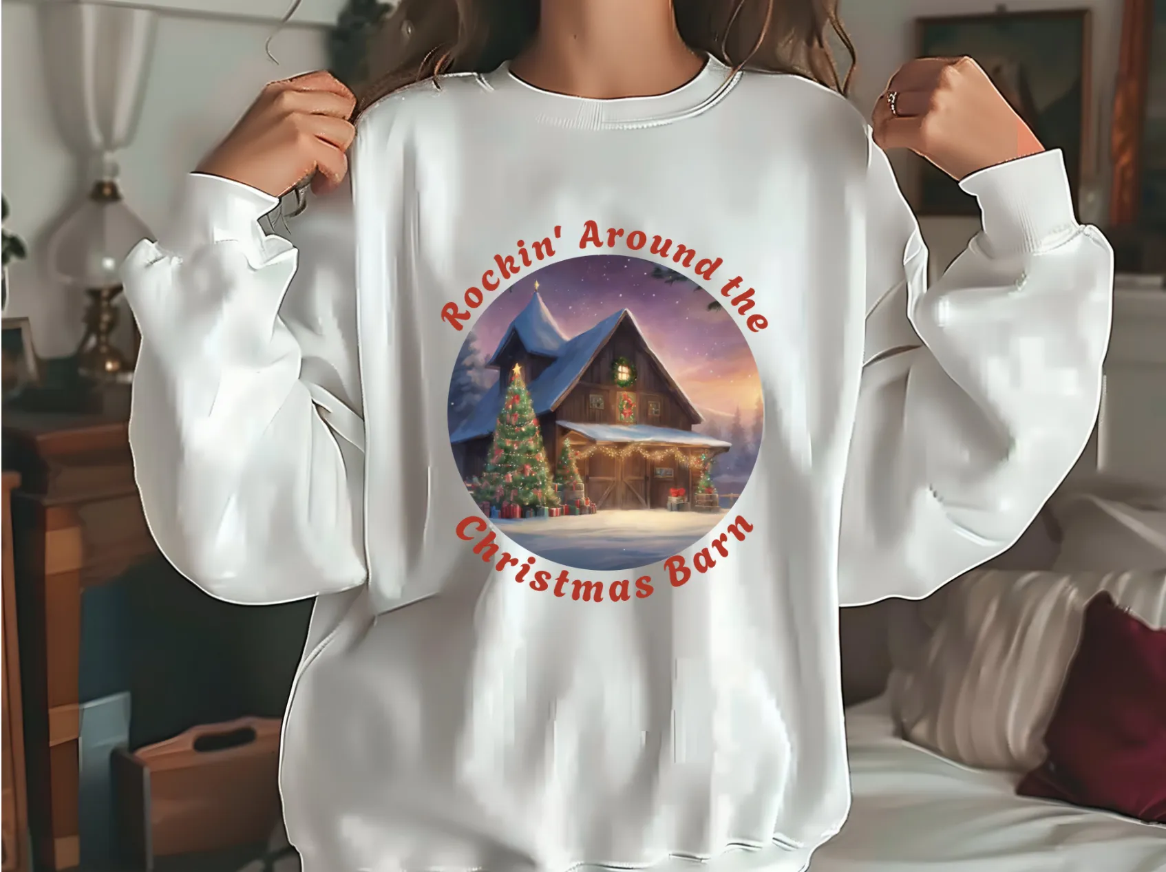 Rockin' Around the Christmas Barn Crewneck Sweatshirt, Country Music Sweater, Christmas Sweater