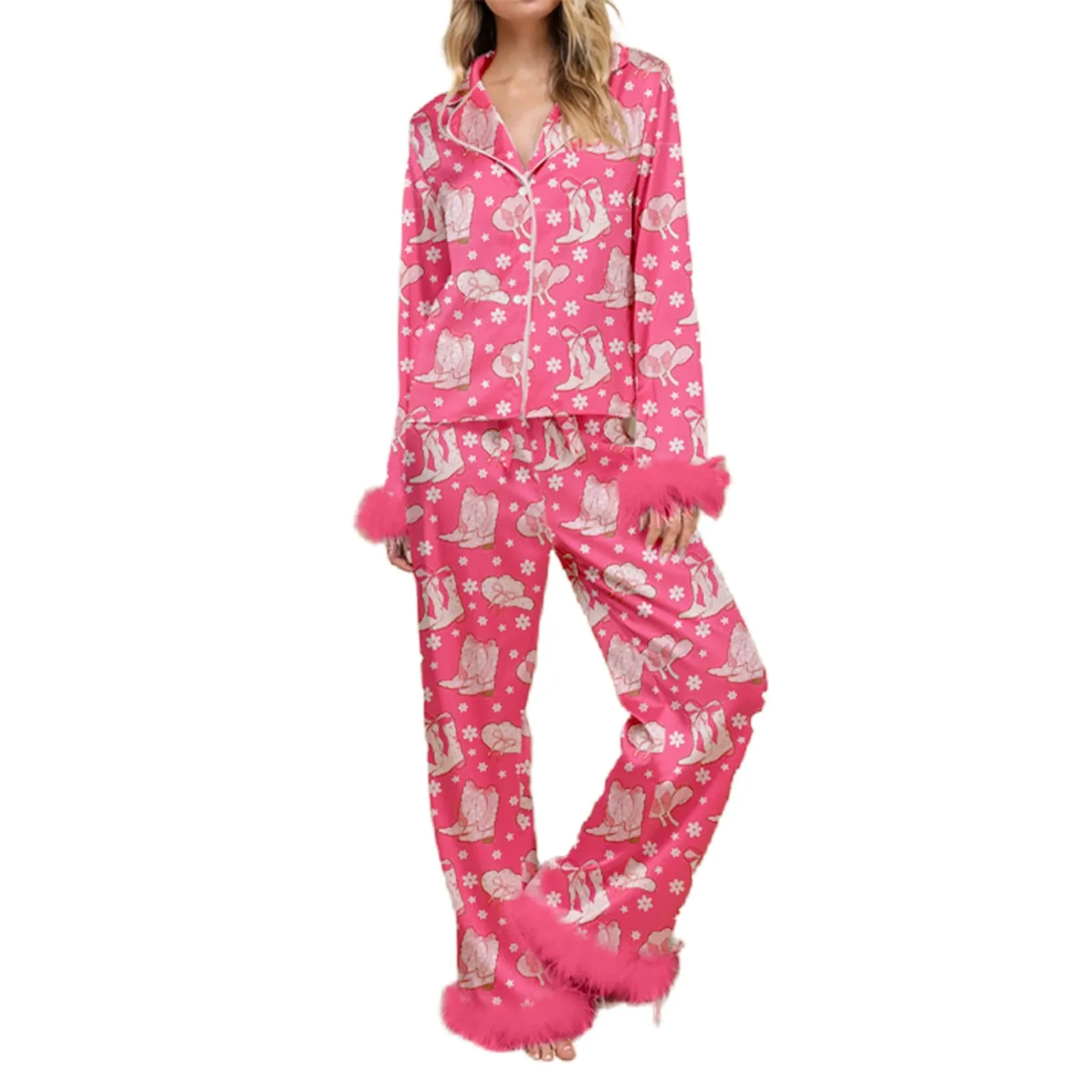 Toleet-Christmas Pajamas for Women Silk Satin Lounge Sets Feather Trim Long Sleeve Shirt Pants Christmas Pjs Sleepwear Festival Rave