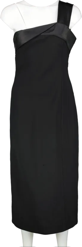 Victoria Beckham Black One Shoulder Satin Trimmed Crepe Midi Dress UK 12